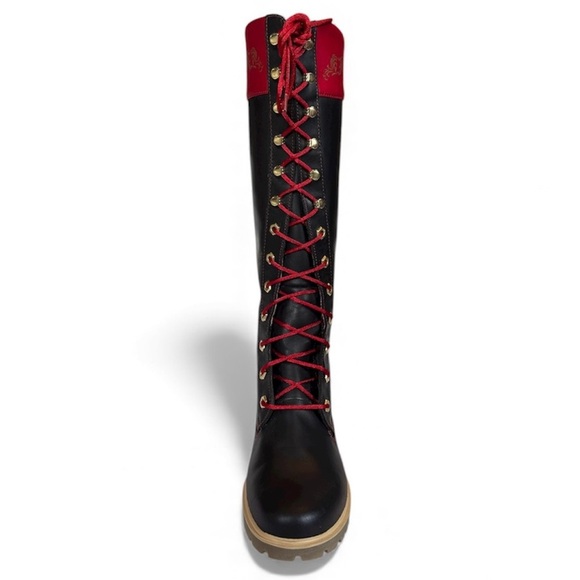 NWOT Timberland Black Leather Red Satin Gold Detail Lace Up Boots Size 6 - Picture 3 of 12